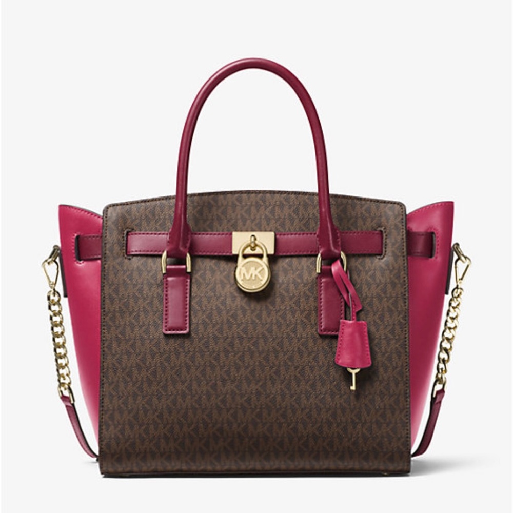 NWT Michael Kors Large Logo Coated Canvas Brown/Red Leather Trim Tote Handbag